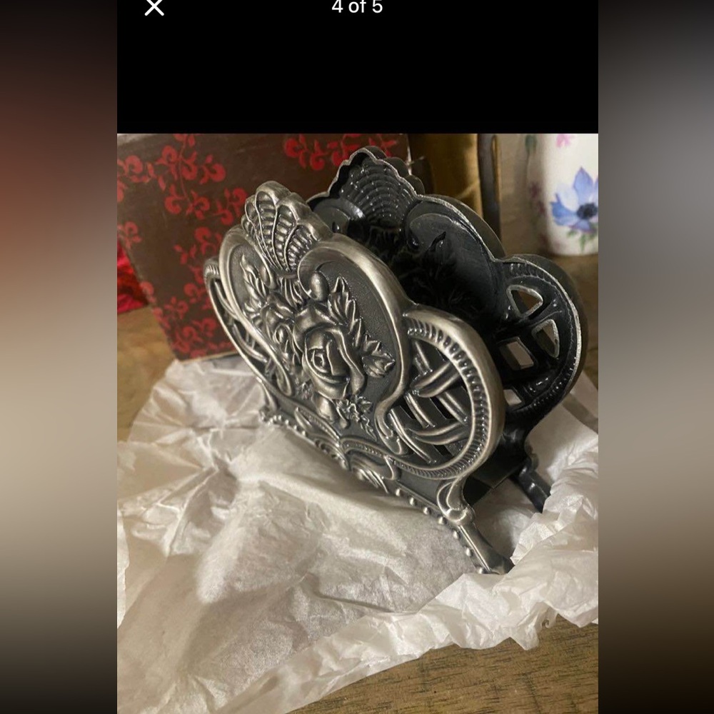 Ornate Silver Metal Napkin Holder with Rose Motif